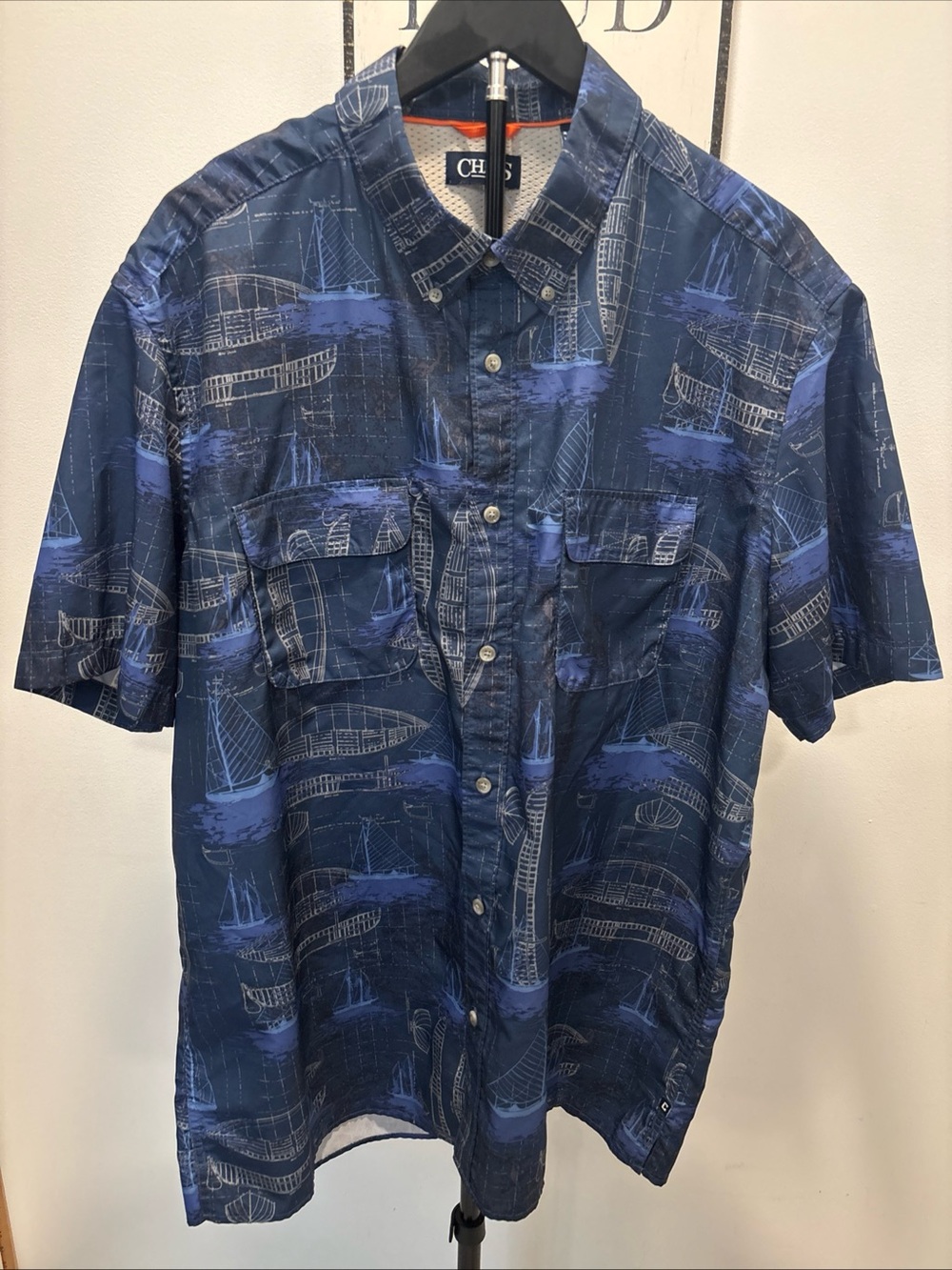 Chaps Men’s Navy and Blue Nautical Print Short Sleeve Button-Down Shirt